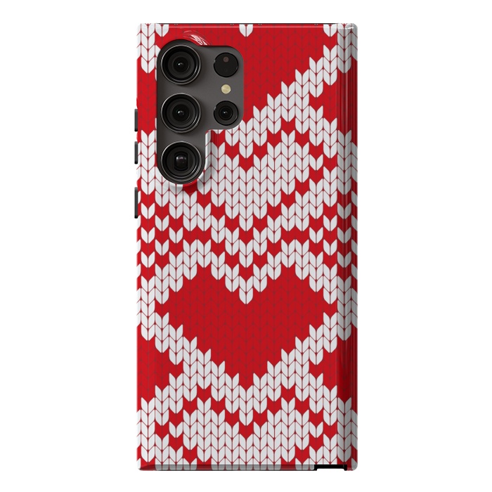 Galaxy S23 Ultra StrongFit Red white knitted heart pattern by haroulita