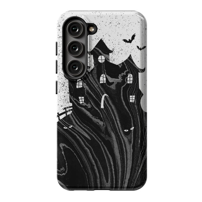 Galaxy S23 StrongFit Halloween haunted house - black and white splatter and brushstrokes by Oana 