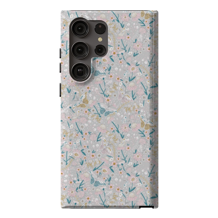 Galaxy S23 Ultra StrongFit Delicate Daisies and Butterflies half-drop repeat pattern by Paula Ohreen