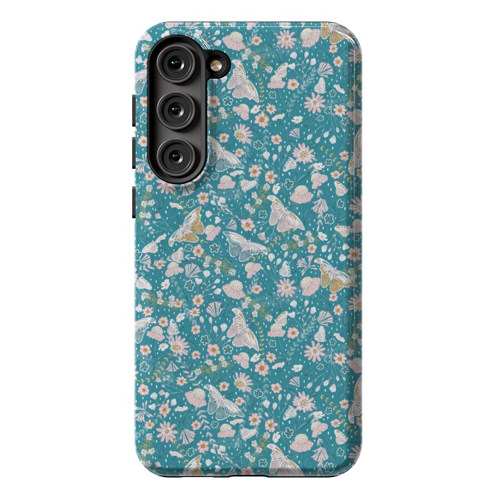 Galaxy S23 Plus StrongFit Delicate Daisies and Butterflies half-drop repeat pattern on Blue by Paula Ohreen
