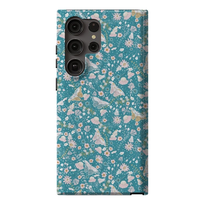 Galaxy S23 Ultra StrongFit Delicate Daisies and Butterflies half-drop repeat pattern on Blue by Paula Ohreen