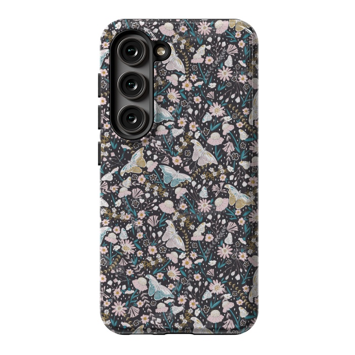 Galaxy S23 StrongFit Delicate Daisies and Butterflies half-drop repeat pattern on Black by Paula Ohreen