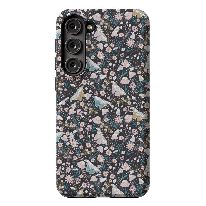 Galaxy S23 Plus StrongFit Delicate Daisies and Butterflies half-drop repeat pattern on Black by Paula Ohreen