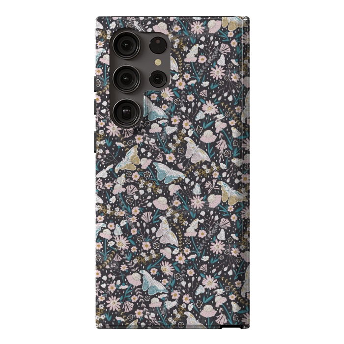 Galaxy S23 Ultra StrongFit Delicate Daisies and Butterflies half-drop repeat pattern on Black by Paula Ohreen
