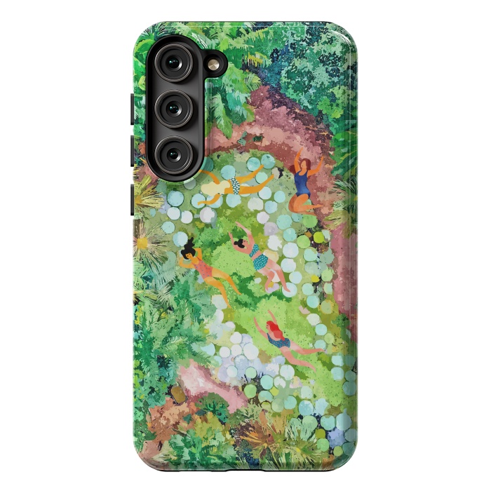 Galaxy S23 Plus StrongFit Tropical Vacay | Rainforest Jungle Botanical Lush Nature | Summer Lake People Swim | Boho Painting by Uma Prabhakar Gokhale