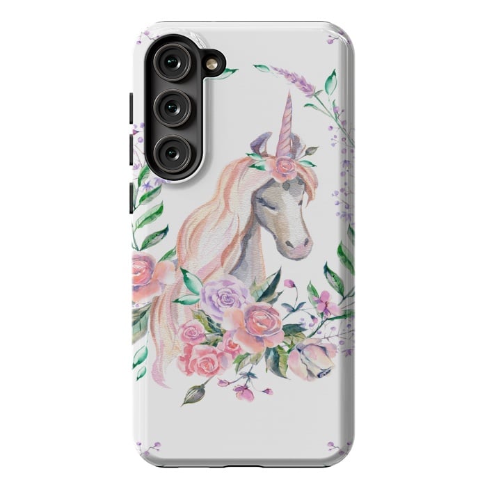 Galaxy S23 Plus StrongFit watercolor floral unicorn by haroulita