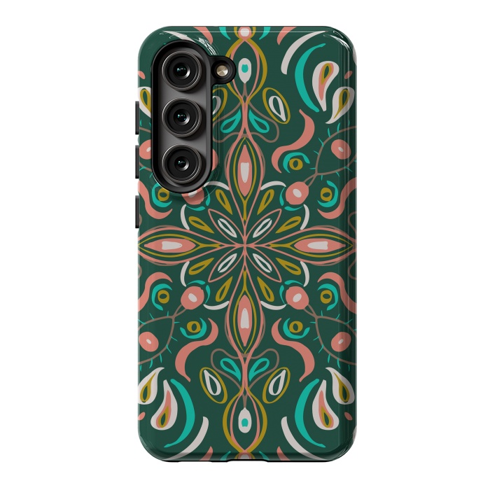 Galaxy S23 StrongFit Bold Boho Mandala in Green Coral and Gold by ECMazur 