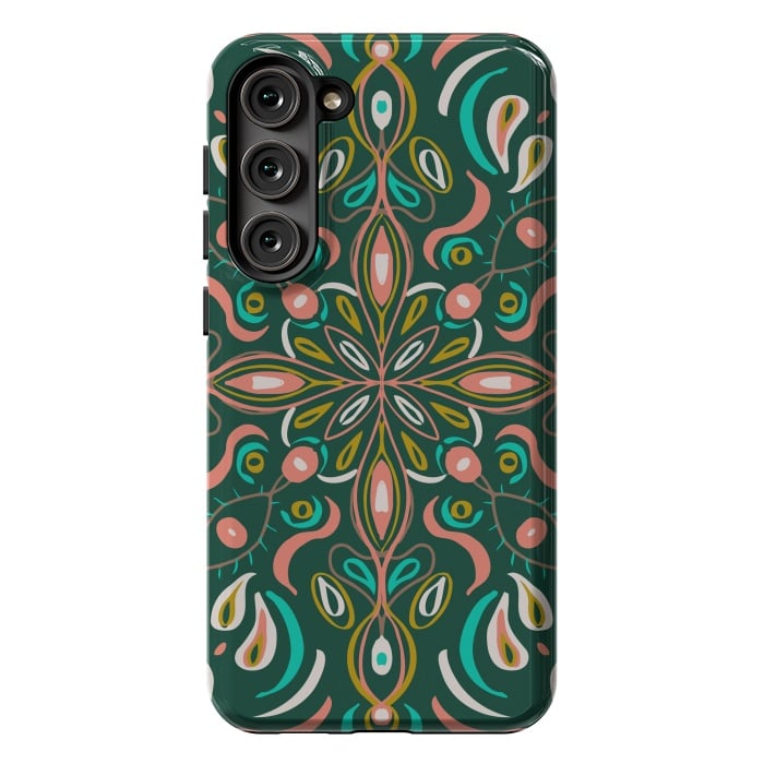 Galaxy S23 Plus StrongFit Bold Boho Mandala in Green Coral and Gold by ECMazur 