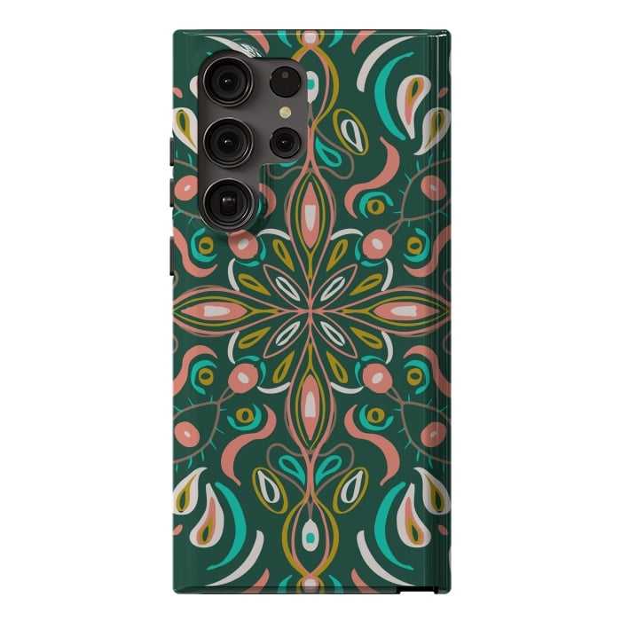 Galaxy S23 Ultra StrongFit Bold Boho Mandala in Green Coral and Gold by ECMazur 