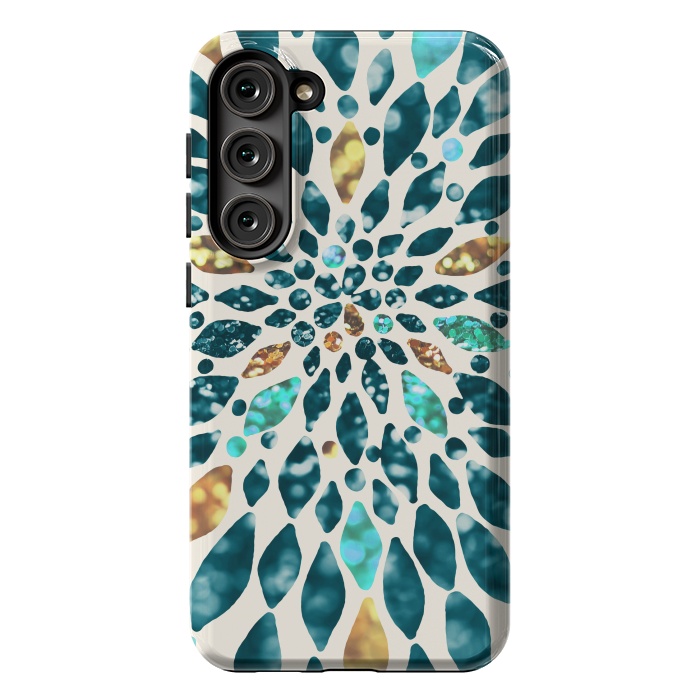 Galaxy S23 Plus StrongFit Glitter Dahlia in Gold, Aqua and Ocean Green by Tangerine-Tane