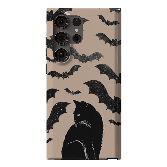 Galaxy S23 Ultra StrongFit Black cats and night sky bats - Halloween witchy illustration by Oana 