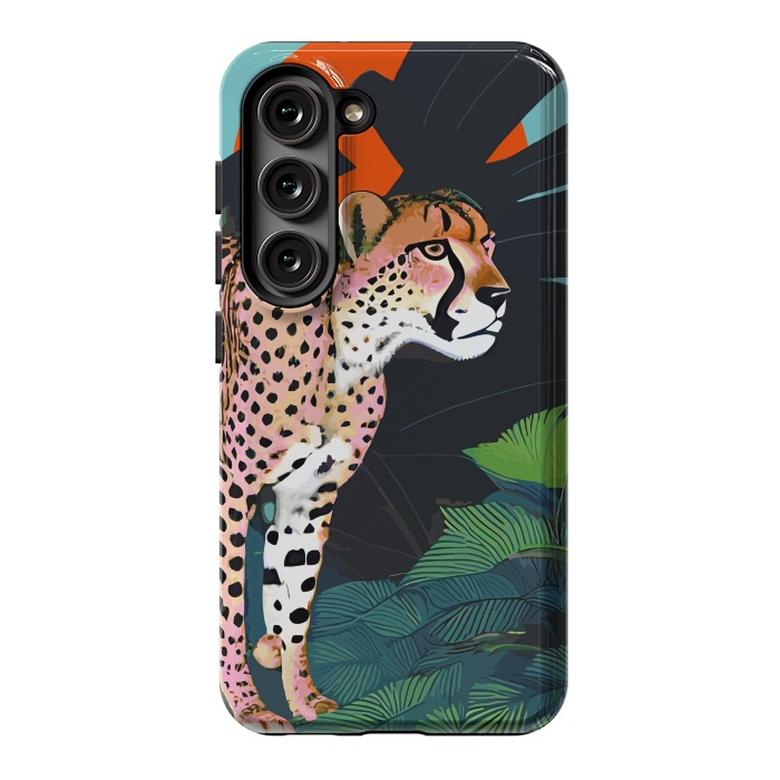 Galaxy S23 StrongFit The Cheetah, Tropical Jungle Animals, Mystery Wild Cat, Wildlife Forest Vintage Nature Painting by Uma Prabhakar Gokhale