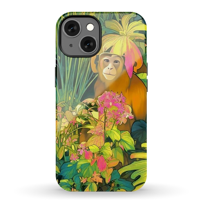 iPhone 13 StrongFit Daydreamer, Coming of Age Monkey Tropical Jungle Plants, Wildlife Botanical Nature Forest Bohemian Animals by Uma Prabhakar Gokhale