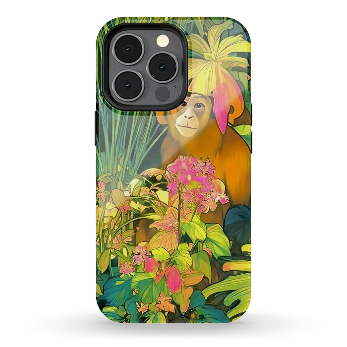 iPhone 13 pro StrongFit Daydreamer, Coming of Age Monkey Tropical Jungle Plants, Wildlife Botanical Nature Forest Bohemian Animals by Uma Prabhakar Gokhale