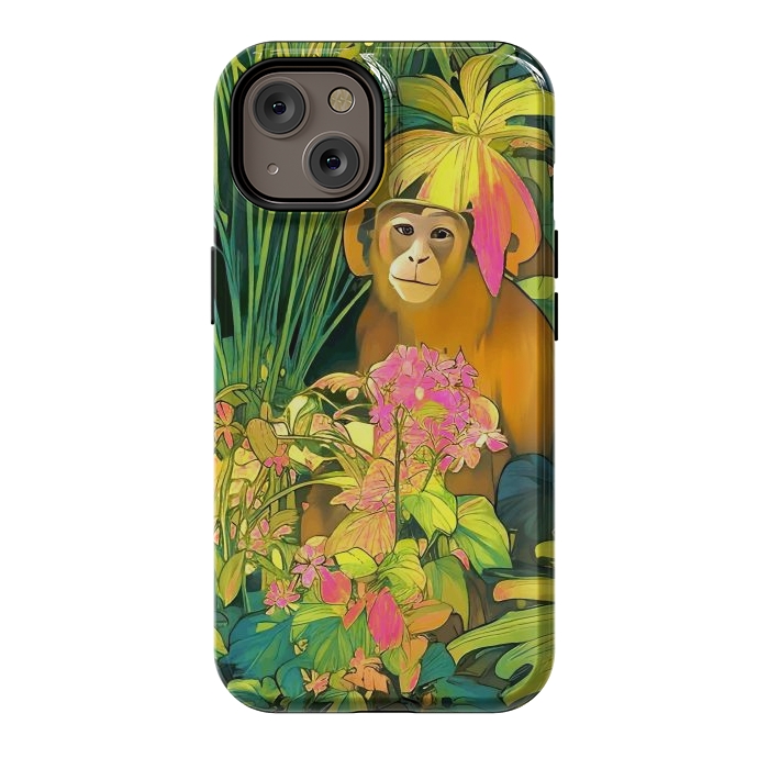 iPhone 14 StrongFit Daydreamer, Coming of Age Monkey Tropical Jungle Plants, Wildlife Botanical Nature Forest Bohemian Animals by Uma Prabhakar Gokhale