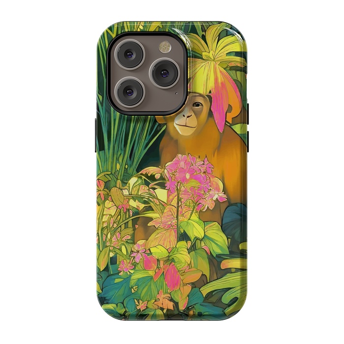 iPhone 14 Pro StrongFit Daydreamer, Coming of Age Monkey Tropical Jungle Plants, Wildlife Botanical Nature Forest Bohemian Animals by Uma Prabhakar Gokhale