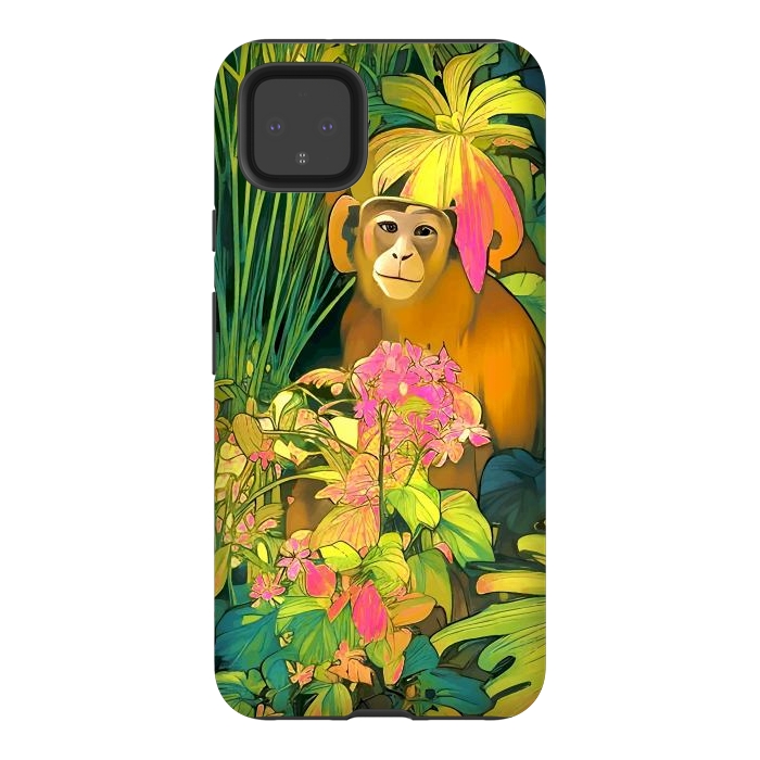 Pixel 4XL StrongFit Daydreamer, Coming of Age Monkey Tropical Jungle Plants, Wildlife Botanical Nature Forest Bohemian Animals by Uma Prabhakar Gokhale