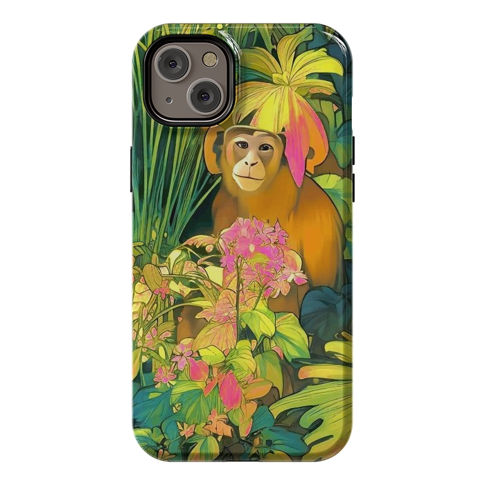 iPhone 14 Plus StrongFit Daydreamer, Coming of Age Monkey Tropical Jungle Plants, Wildlife Botanical Nature Forest Bohemian Animals by Uma Prabhakar Gokhale