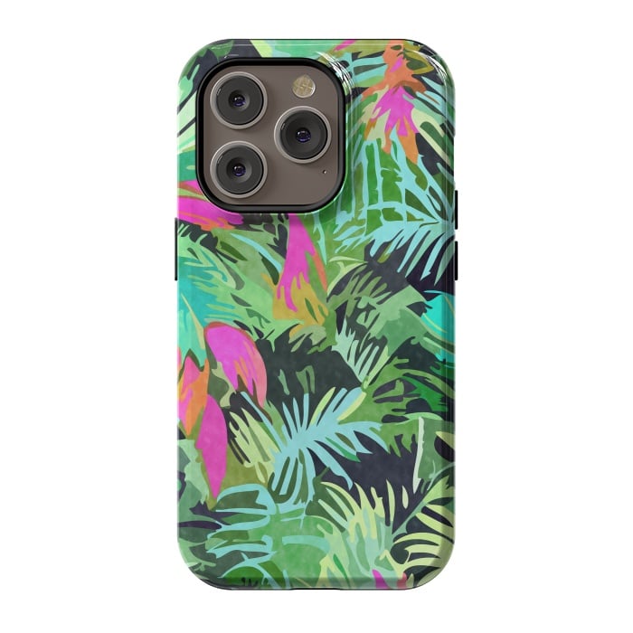 iPhone 14 Pro StrongFit Tropical Jungle, Botanical Nature Plants, Palm Forest Bohemian Watercolor, Modern Wild Painting by Uma Prabhakar Gokhale