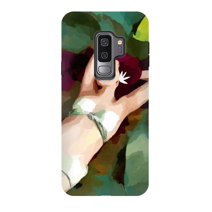 Galaxy S9 plus StrongFit The Moment of Peace, Girl Woman on Lotus Leaf, Tropical Nature Botanical Watercolor Bohemian Painting by Uma Prabhakar Gokhale