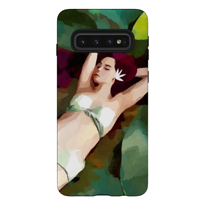Galaxy S10 StrongFit The Moment of Peace, Girl Woman on Lotus Leaf, Tropical Nature Botanical Watercolor Bohemian Painting by Uma Prabhakar Gokhale
