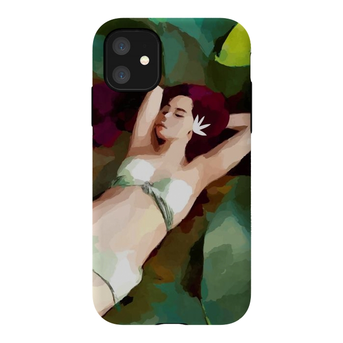 iPhone 11 StrongFit The Moment of Peace, Girl Woman on Lotus Leaf, Tropical Nature Botanical Watercolor Bohemian Painting by Uma Prabhakar Gokhale