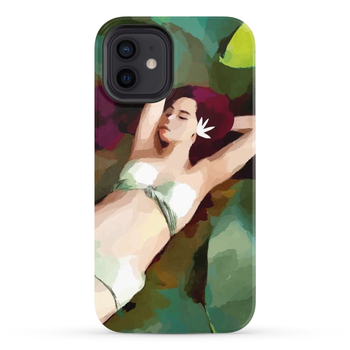 iPhone 12 StrongFit The Moment of Peace, Girl Woman on Lotus Leaf, Tropical Nature Botanical Watercolor Bohemian Painting by Uma Prabhakar Gokhale