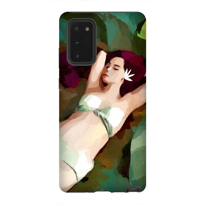 Galaxy Note 20 StrongFit The Moment of Peace, Girl Woman on Lotus Leaf, Tropical Nature Botanical Watercolor Bohemian Painting by Uma Prabhakar Gokhale