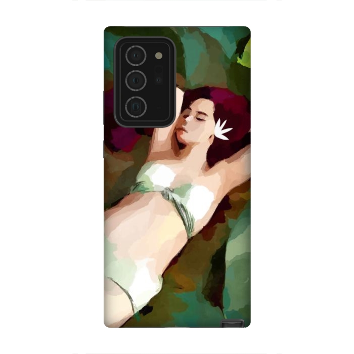 Galaxy Note 20 Ultra StrongFit The Moment of Peace, Girl Woman on Lotus Leaf, Tropical Nature Botanical Watercolor Bohemian Painting by Uma Prabhakar Gokhale