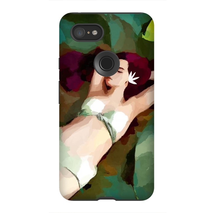 Pixel 3XL StrongFit The Moment of Peace, Girl Woman on Lotus Leaf, Tropical Nature Botanical Watercolor Bohemian Painting by Uma Prabhakar Gokhale