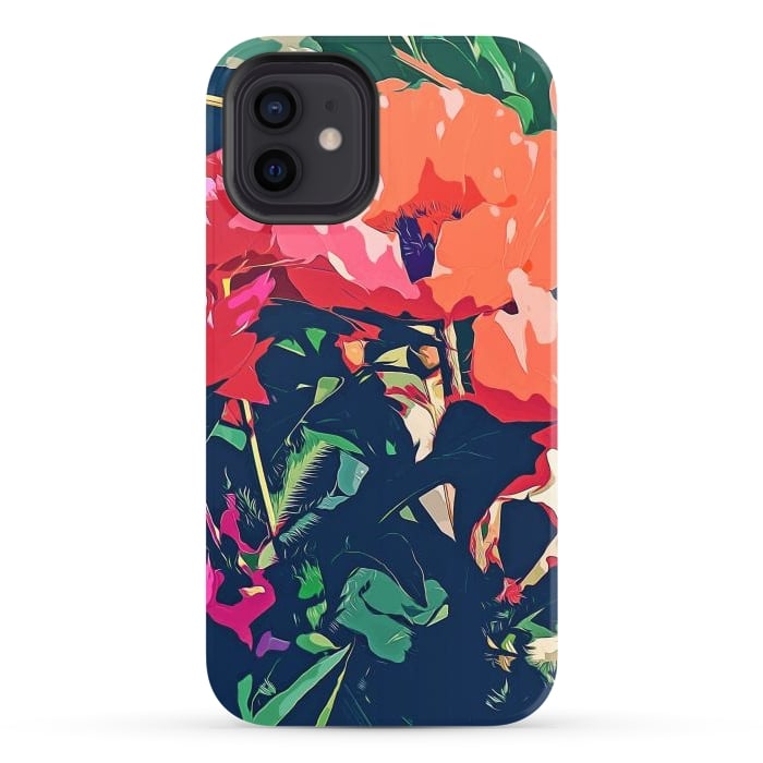 iPhone 12 StrongFit Where Darkness Blooms, Dark Floral Botanical Painting, Eclectic Blush Plants Garden Nature Flowers by Uma Prabhakar Gokhale
