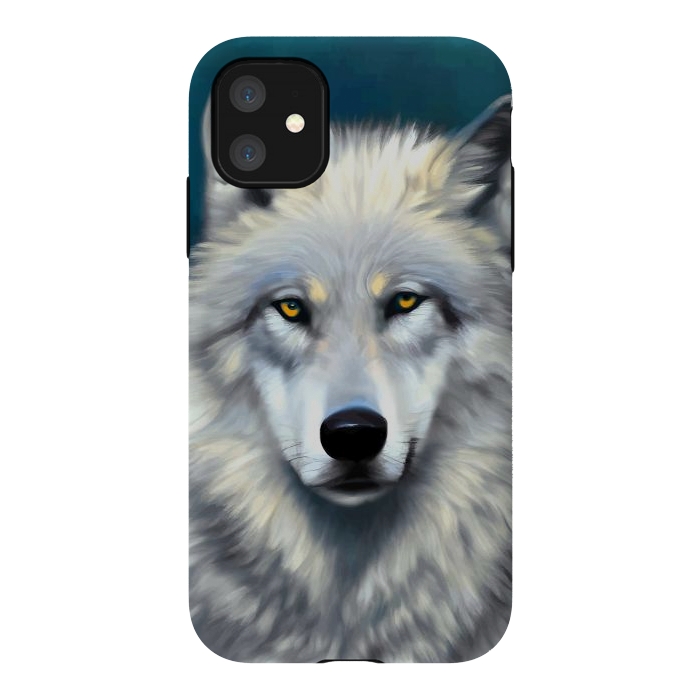 iPhone 11 StrongFit The Wolf, Animal Portrait Painting, Wildlife Forest Jungle Dog, Mystery Eclectic Rustic by Uma Prabhakar Gokhale