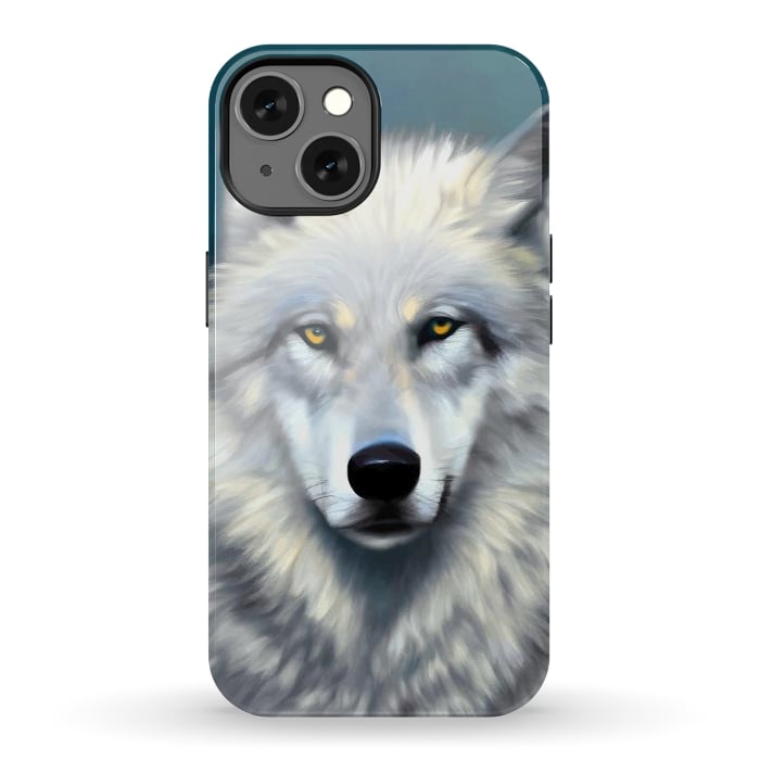 iPhone 13 StrongFit The Wolf, Animal Portrait Painting, Wildlife Forest Jungle Dog, Mystery Eclectic Rustic by Uma Prabhakar Gokhale