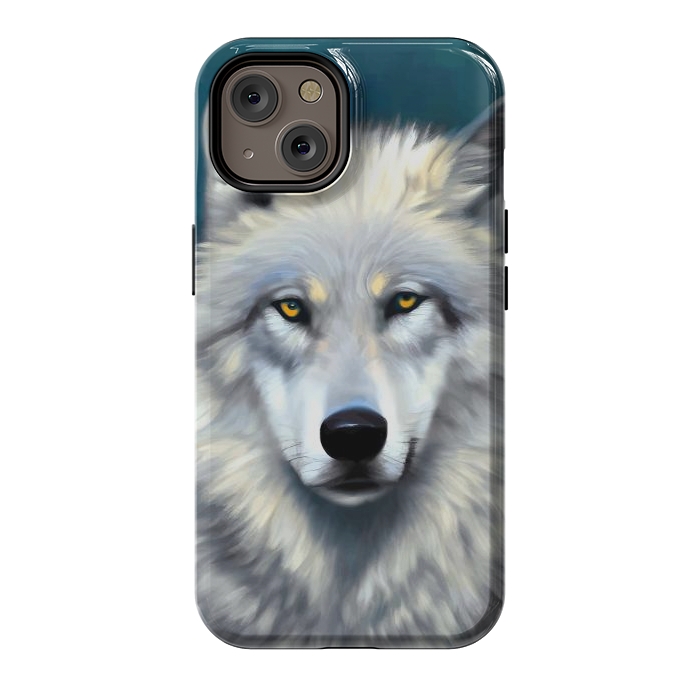 iPhone 14 StrongFit The Wolf, Animal Portrait Painting, Wildlife Forest Jungle Dog, Mystery Eclectic Rustic by Uma Prabhakar Gokhale