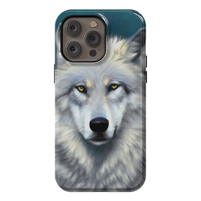 iPhone 14 Pro max StrongFit The Wolf, Animal Portrait Painting, Wildlife Forest Jungle Dog, Mystery Eclectic Rustic by Uma Prabhakar Gokhale