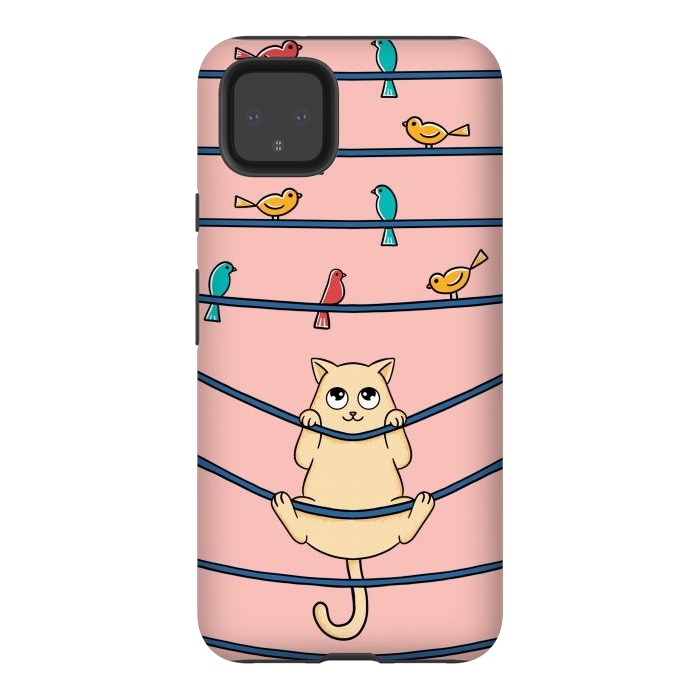 Pixel 4XL StrongFit Cat and birds by Coffee Man