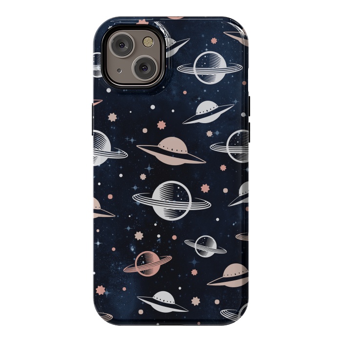 iPhone 14 Plus StrongFit Planets and stars - space pattern - celestial pattern on navy by Oana 