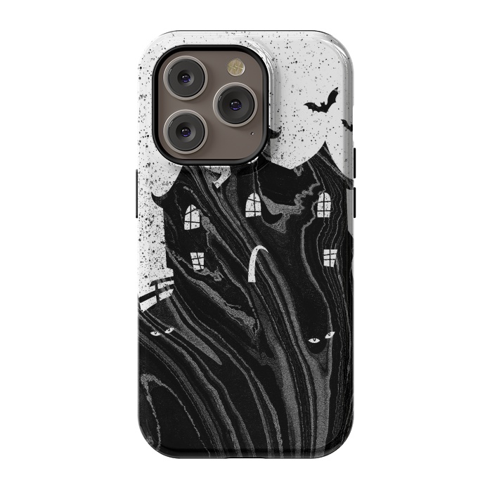 iPhone 14 Pro StrongFit Halloween haunted house - black and white splatter and brushstrokes by Oana 