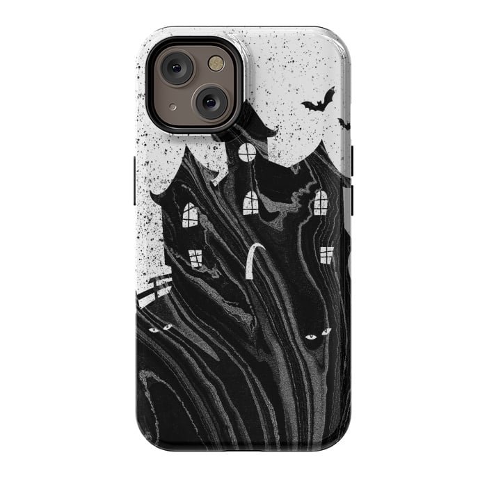 iPhone 14 StrongFit Halloween haunted house - black and white splatter and brushstrokes by Oana 