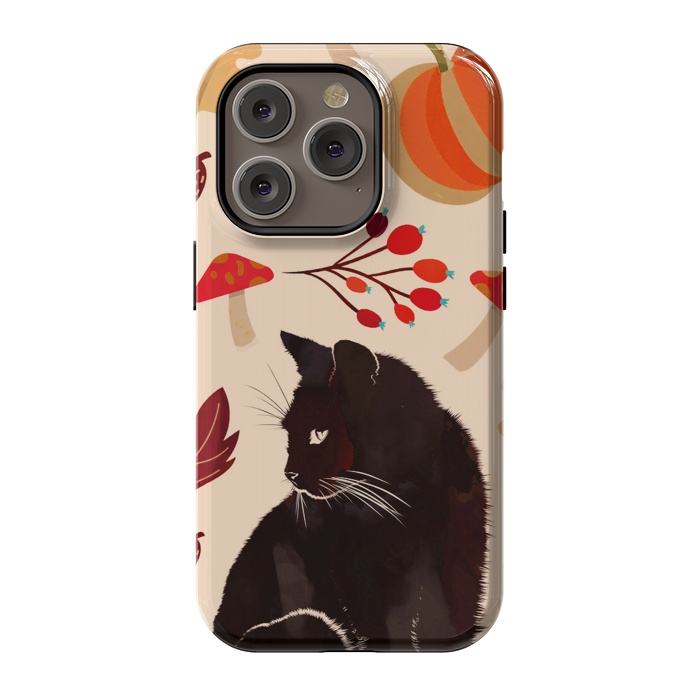 iPhone 14 Pro StrongFit Black cat and autumn woodland pattern - leaves, mushroom, pumpkin by Oana 