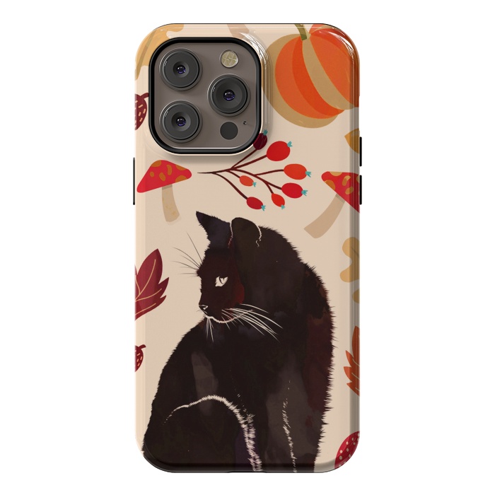 iPhone 14 Pro max StrongFit Black cat and autumn woodland pattern - leaves, mushroom, pumpkin by Oana 