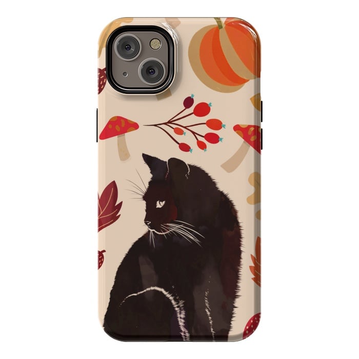 iPhone 14 Plus StrongFit Black cat and autumn woodland pattern - leaves, mushroom, pumpkin by Oana 