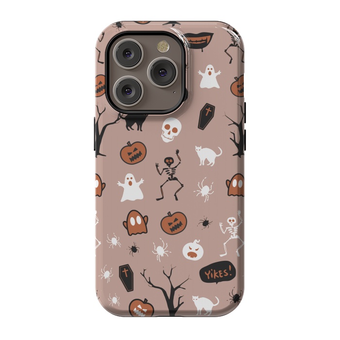 iPhone 14 Pro StrongFit Halloween monsters pattern - skeletons, pumpkins, ghosts, cats, spiders by Oana 