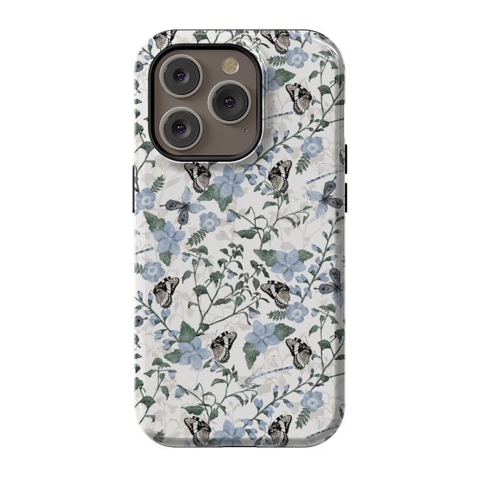 iPhone 14 Pro StrongFit Delicate Watercolour Butterflies and Dragonflies half-drop repeat pattern by Paula Ohreen