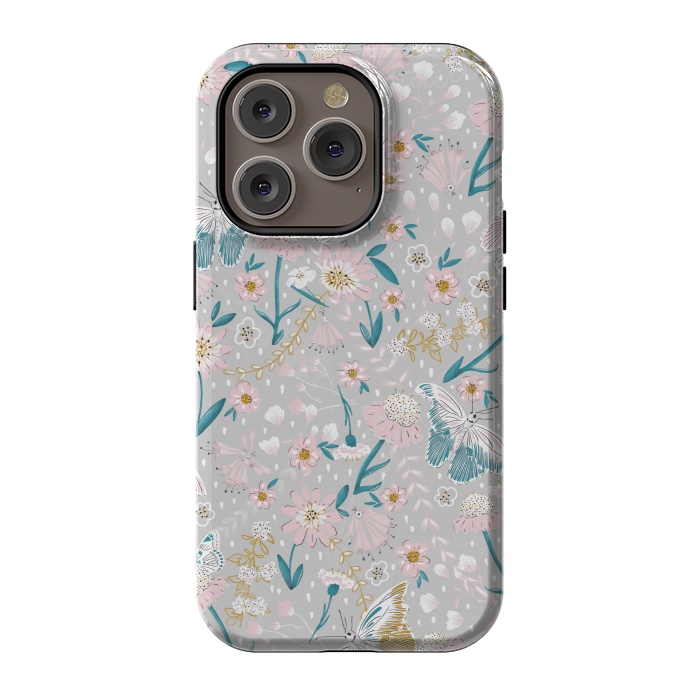 iPhone 14 Pro StrongFit Delicate Daisies and Butterflies half-drop repeat pattern by Paula Ohreen