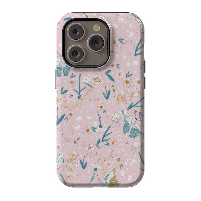 iPhone 14 Pro StrongFit Delicate Daisies and Butterflies half-drop repeat pattern on Pink by Paula Ohreen