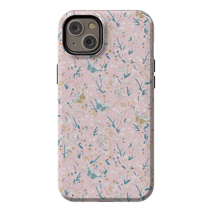 iPhone 14 Plus StrongFit Delicate Daisies and Butterflies half-drop repeat pattern on Pink by Paula Ohreen