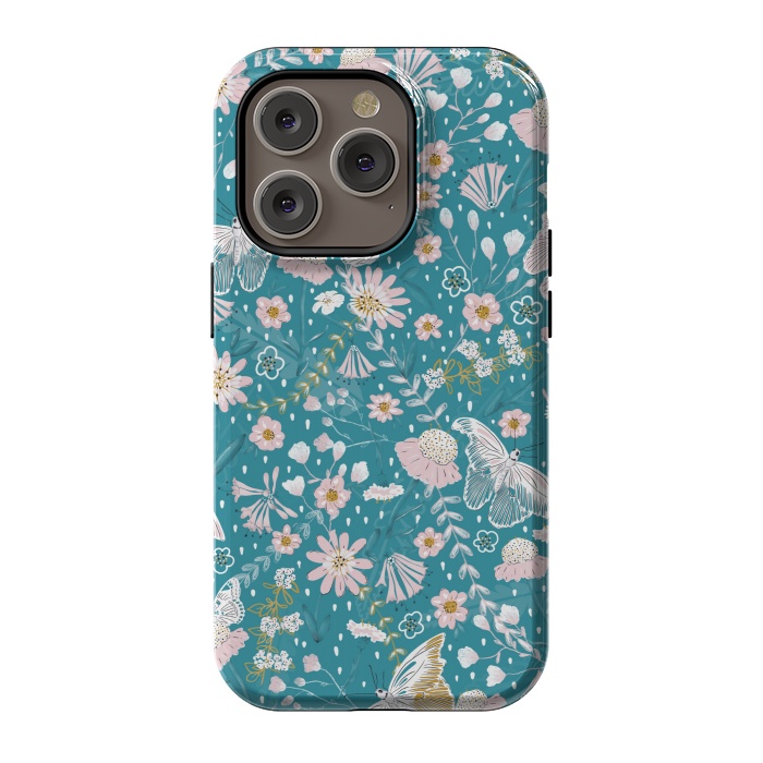 iPhone 14 Pro StrongFit Delicate Daisies and Butterflies half-drop repeat pattern on Blue by Paula Ohreen