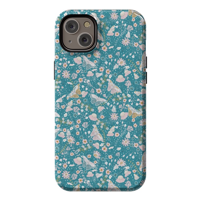iPhone 14 Plus StrongFit Delicate Daisies and Butterflies half-drop repeat pattern on Blue by Paula Ohreen