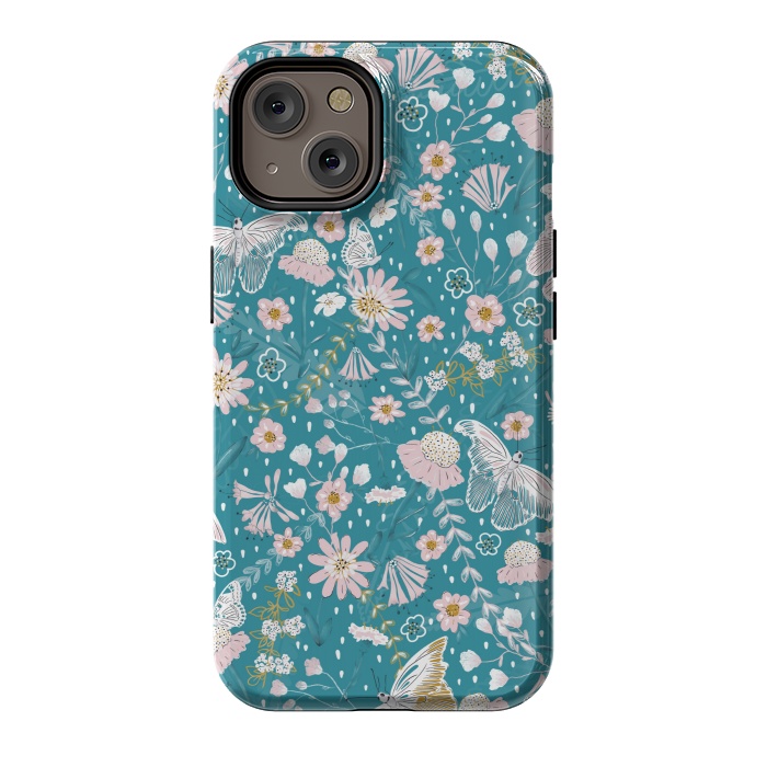 iPhone 14 StrongFit Delicate Daisies and Butterflies half-drop repeat pattern on Blue by Paula Ohreen